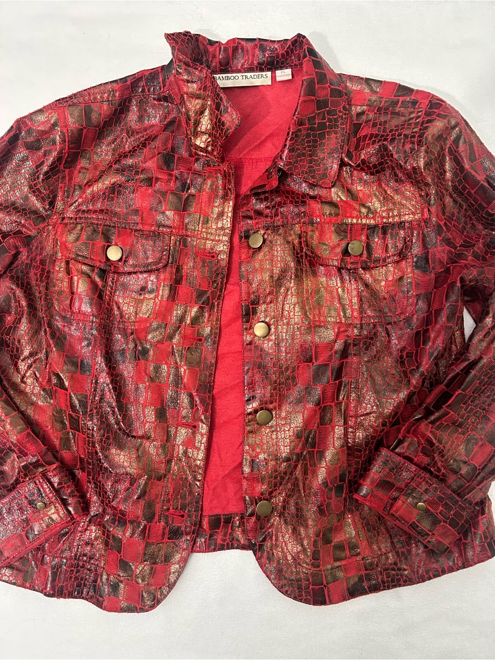 Bamboo Traders Red Metallic Croc-Print Shirt Jacket